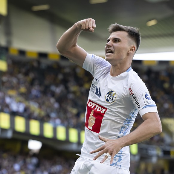 Jakub Kadak (FCL) jubelt nach seinem Tor zum 1-0, im Fussball Meisterschaftsspiel der Super League zwischen den BSC Young Boys und dem FC Luzern, im Stadion Wankdorf in Bern, am Sonntag, 14. April 202 ...
