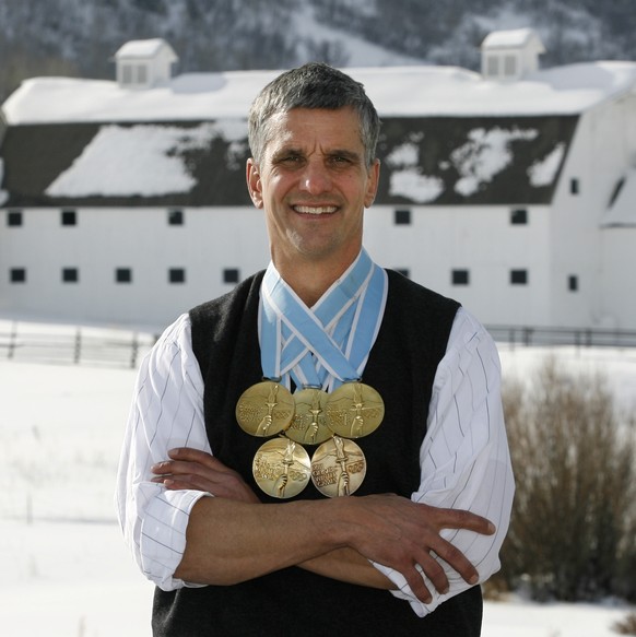 Dr. Eric Heiden, winner of 5 gold medals in speed skating at the 1980 Olympic Games in Lake Placid, stands with his medals Friday, Jan. 29, 2010, near his home in Park City, Utah. Heiden also raced bi ...