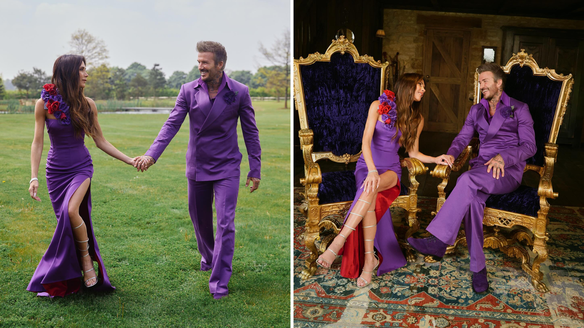 Victoria et David Beckham fêtent leurs 25 ans de mariage dans leurs tenues violettes.