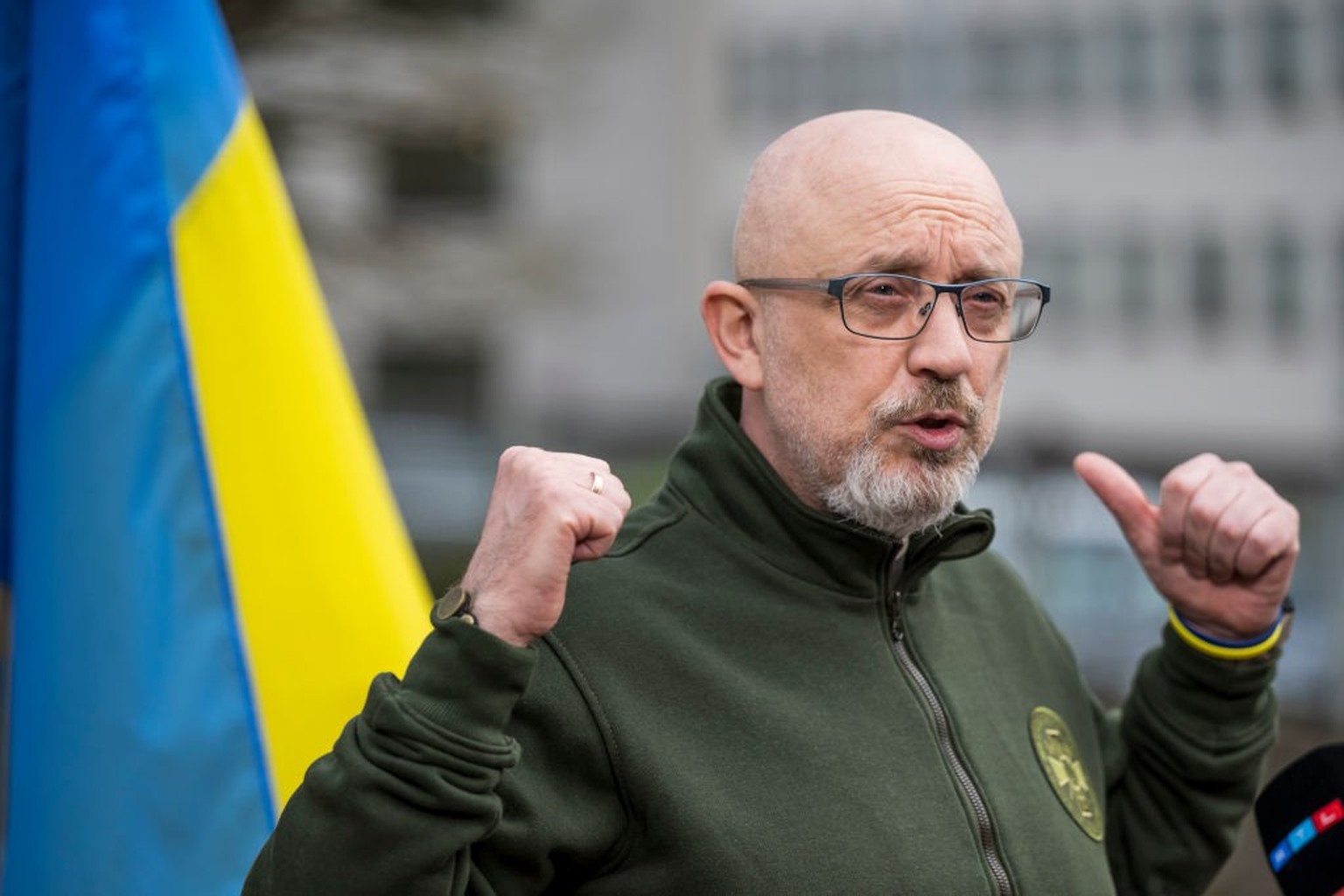 RAMSTEIN-MIESENBACH, GERMANY - APRIL 21: Ukrainian Defence Minister Oleksii Reznikov speaks to the media after a meeting of the Ukraine Defence Contact Group at Ramstein Air Base on April 21, 2023 in  ...