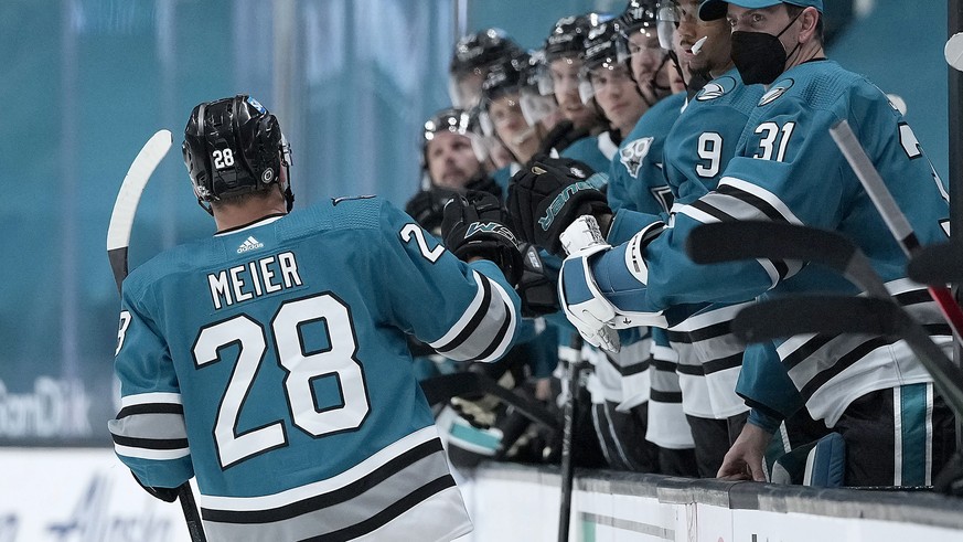 San Jose Sharks right wing Timo Meier (28) is congratulated after scoring a goal against the Los Angeles Kings during the third period of an NHL hockey game Saturday, April 10, 2021, in San Jose, Cali ...