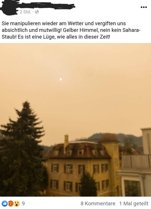 Diese spektakulÃ¤ren Aufnahmen zeigen, wie viel Saharastaub gerade in der Schweiz ist\nLaut einem Schwurbler ist freigesetzte SchwefelsÃ¤ure fÃ¼r die TrÃ¼bung der Sonne verantwortlich....ð

Der Alu ...