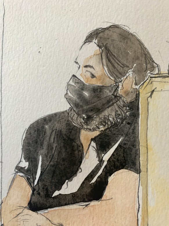 This courtroom sketch shows key defendant Salah Abdeslam, in the special courtroom built for the 2015 attacks trial, Wednesday, Sept. 8, 2021 in Paris. The trial of 20 men accused in the Islamic State ...