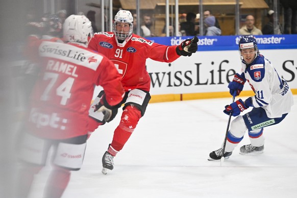 Switzerland&#039;s Mischa Ramel, left, and Switzerland&#039;s Fabian Ritzmann celebrate after Ritzmann scored during the friendly icehockey game between Switzerland and Slovakia at the Sportzentrum Ar ...