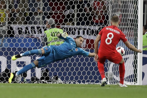 Colombia goalkeeper David Ospina saves a penalty during the round of 16 match between Colombia and England at the 2018 soccer World Cup in the Spartak Stadium, in Moscow, Russia, Tuesday, July 3, 2018 ...