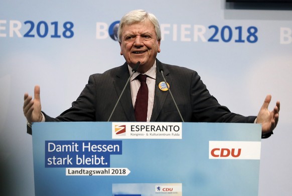 epa07118858 Volker Bouffier, Deputy Leader of the Christian Democratic Union (CDU) and Hesse Premier, gives a speech during an election campaign rally of the Christian Democrats (CDU) in Fulda, German ...