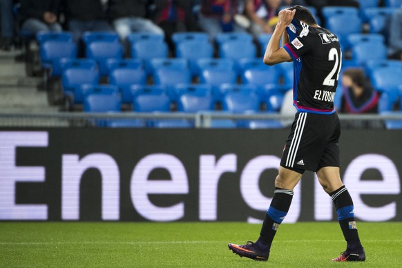 Der Basler Mohamed Elyounoussi nach einer verpassten Chance im Fussball Meisterschaftsspiel der Super League zwischen dem FC Basel 1893 und dem FC Thun, im Stadion St. Jakob-Park in Basel, am Samstag, ...