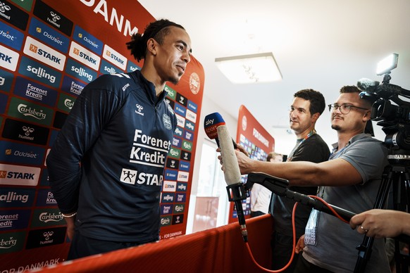 epa11441648 Yussuf Poulsen of Denmark attends the national team&#039;s mixed zone in Freudenstadt, Germany, 27 June 2024. Denmark will play against Germany in a UEFA EURO 2024 round of 16 match on 29  ...