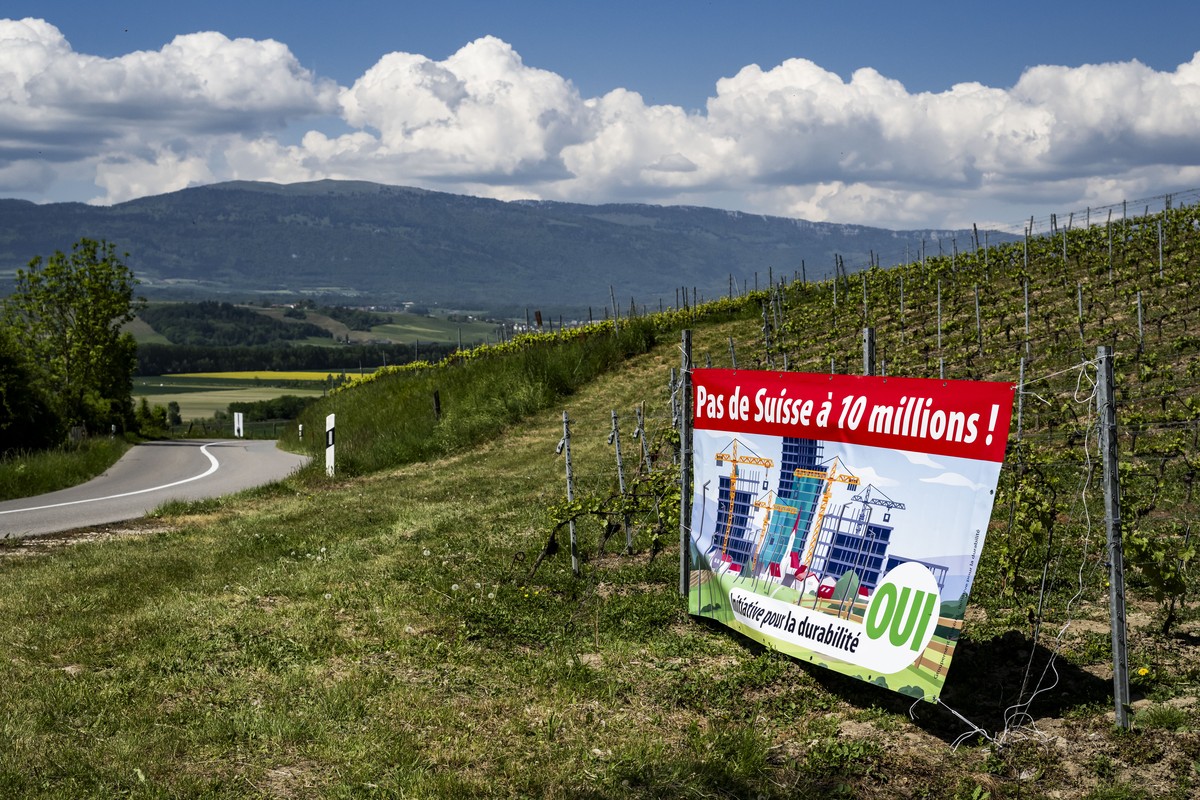 KEYPIX - An electoral poster for the right-wing Swiss People's Party (SVP) popular initiative "No 10-million-Switzerland" is pictured in a vineyard owned by Olivier Agassis, a winemaker ...