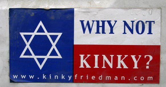 Apr 15, 2005; Kerrville, TX, USA; Bumper sticker supporting candidate Kinky Friedman for Governor of Texas in his hometown of Kerrville. Friedman is a poet and a country singer and is running for Gove ...