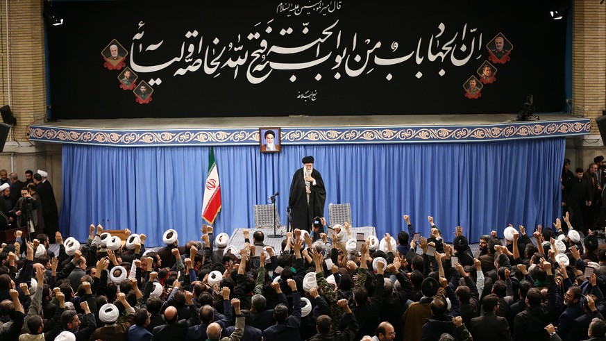 epa08112255 A handout photo made available by the Supreme Leader office shows Iranian Supreme Leader Ayatollah Ali Khamenei addressing a meeting in Tehran, Iran, 08 January 2020. According to media re ...