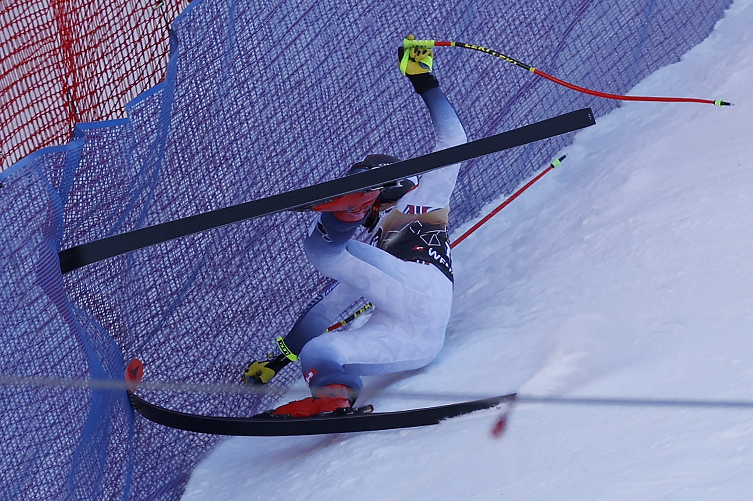 Norway&#039;s Aleksander Aamodt Kilde falls during an alpine ski, men&#039;s World Cup downhill race, in Wengen, Switzerland, Saturday, Jan. 13, 2024. (AP Photo/Alessandro Trovati)