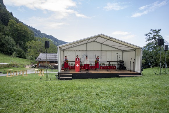 Bundespraesidentin Simonetta Sommaruga bei ihrer Rede waehrend der Bundesfeier auf dem Ruetli, am Samstag, 1. August 2020. (KEYSTONE/Urs Flueeler).