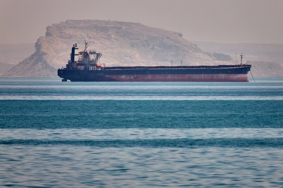 A bulk cargo ship sits at anchor in the Strait of Hormuz off Bandar Abbas, Iran, Saturday, May 2, 2026.(Amirhosein Khorgooi/ISNA via AP)
Iran War Strait of Hormuz