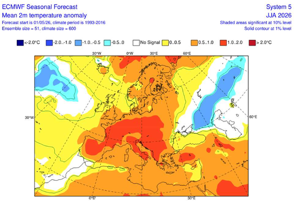 Die Karte zeigt die zu erwartenden Temperatur-Abweichungen im Vergleich zu den langjährigen europäischen Mittelwerten.