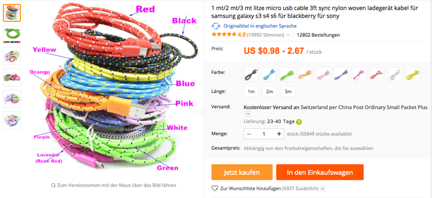 Ein watson-Redaktor hat sich einige Elektronik-Produkte bei Aliexpress bestellt. Unter anderem diese farbigen iPhone-Kabel. [i]Bild: screenshot aliexpress.com[/i]