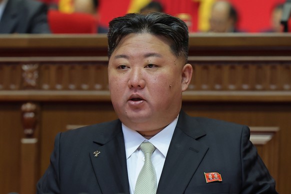 In this photo provided by the North Korean government, its leader Kim Jong Un speaks during a meeting at the Workers Party Congress in Pyongyang, North Korea, Saturday, Feb. 21, 2026. Independent jou ...