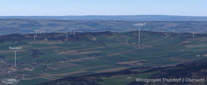 Eine Windenergie-Anlage mit acht grossen Windrädern soll in Zukunft nicht nur Strom für 18&#039;000 Haushalte im Thurgau liefern, der Verein Pro Wind Thurgau verspricht der Standortgemeinde Thundorf a ...