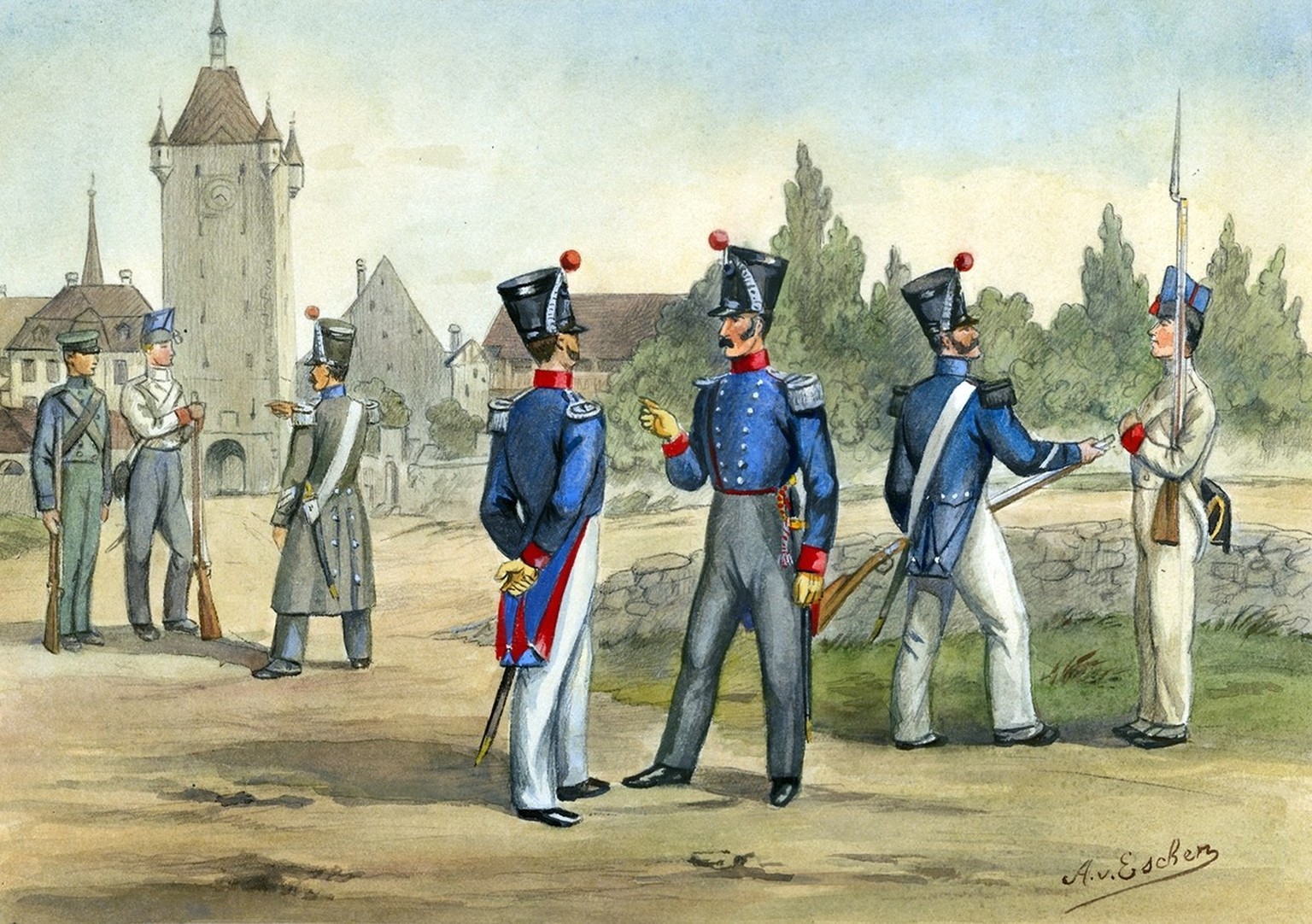 Instruktoren bei der Ausbildung von Infanterie-Rekruten, um 1830.
https://www.historic.admin.ch/media/image/9d65a977-5aef-4ae5-9fc1-c8372da547e0