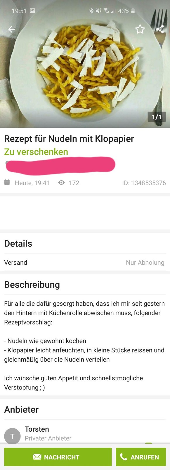 Hallo, het na öppert WC-Papier? LG, PICDUMP
Guten Morgen, Schönes Social Distancing euch allen.
Heute ein Rezept für euer überflüssiges WC-Papier