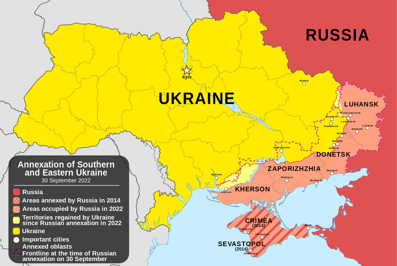 Annexion der vier ukrainischen Oblaste Luhansk, Donezk, Saporoschja und Cherson durch die Russische Föderation, Oktober 2022.
https://commons.wikimedia.org/w/index.php?curid=123342587