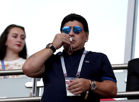 epa06851785 Argentinian soccer legend Diego Maradona during the FIFA World Cup 2018 round of 16 soccer match between France and Argentina in Kazan, Russia, 30 June 2018.

(RESTRICTIONS APPLY: Editor ...