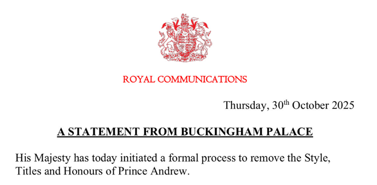 Die offizielle Mitteilung des Buckingham Palace, vom 30. Oktober 2025.