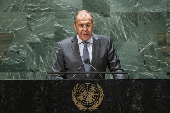 Russia's Foreign Minister Sergei Lavrov addresses the 76th Session of the U.N. General Assembly at United Nations headquarters in New York, on Saturday, Sept. 25, 2021. (Eduardo Munoz/Pool Photo via A ...