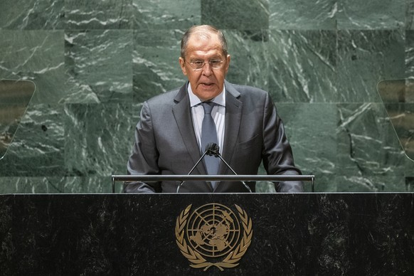 Russia&#039;s Foreign Minister Sergei Lavrov addresses the 76th Session of the U.N. General Assembly at United Nations headquarters in New York, on Saturday, Sept. 25, 2021. (Eduardo Munoz/Pool Photo  ...