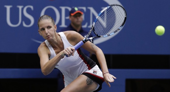 Karolina Pliskova, of the Czech Republic, returns a shot to Angelique Kerber, of Germany, during the women&#039;s singles final of the U.S. Open tennis tournament, Saturday, Sept. 10, 2016, in New Yor ...