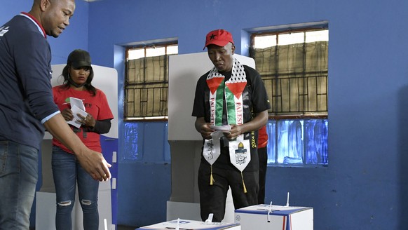 Opposition Economic Freedom Fighters (EFF) leader Julius Malema, casts his vote at a polling station in Polokwane, South Africa, Wednesday, May 29, 2024. South Africans have begun voting in an electio ...