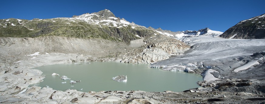epa05431984 A general view over the newly formed glacial lake underneath the Rhone Glacier, above Gletsch near the Furkapass in Switzerland 19 July 2016. The Alps oldest glacier is protected by specia ...