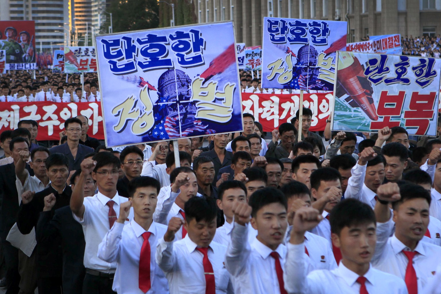 Hundreds of thousands of North Koreans gathered at Kim Il Sung Square to attend a mass rally against America on Saturday Sept. 23, 2017, in Pyongyang, North Korea, a day after the country&#039;s leade ...