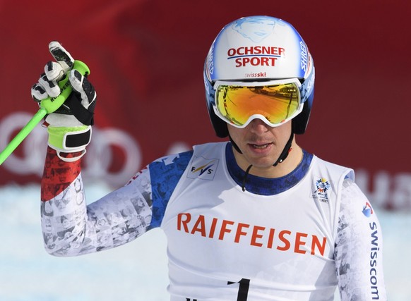 epa05787645 Carlo Janka of Switzerland reacts in the finish area during the Men&#039;s Downhill race at the 2017 FIS Alpine Skiing World Championships in St. Moritz, Switzerland, 12 February 2017. EPA ...