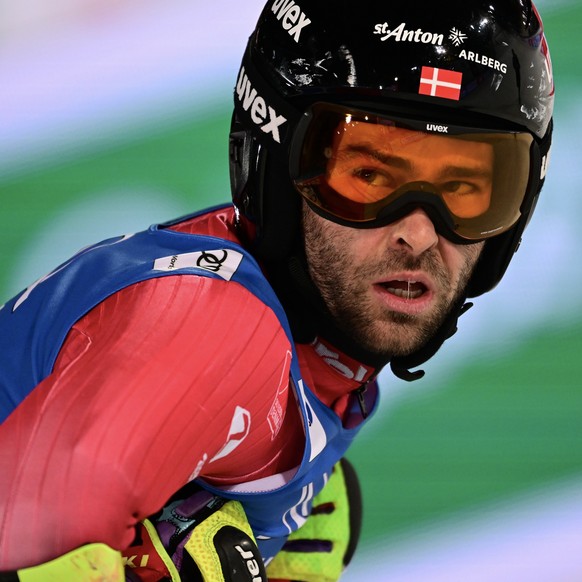 epa11099479 Christian Borgnaes of Denmark reacts in the finish area after the second run of the Men&#039;s Giant Slalom Night race of the FIS Alpine Skiing World Cup in Schladming, Austria, 23 January ...