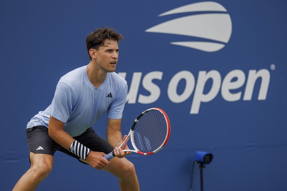 epa10825589 Dominic Thiem of Austria waits for the serve from Alexander Bublik of Kazakhstan during their first round match at the US Open Tennis Championships at the USTA National Tennis Center in Fl ...