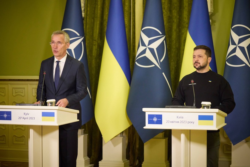 Ukrainian President Volodymyr Zelensky and Secretary General of NATO Jens Stoltenberg L hold a joint press conference on April 20, 2023 in Kyiv, Ukraine. NATO Secretary-General makes for the first tim ...