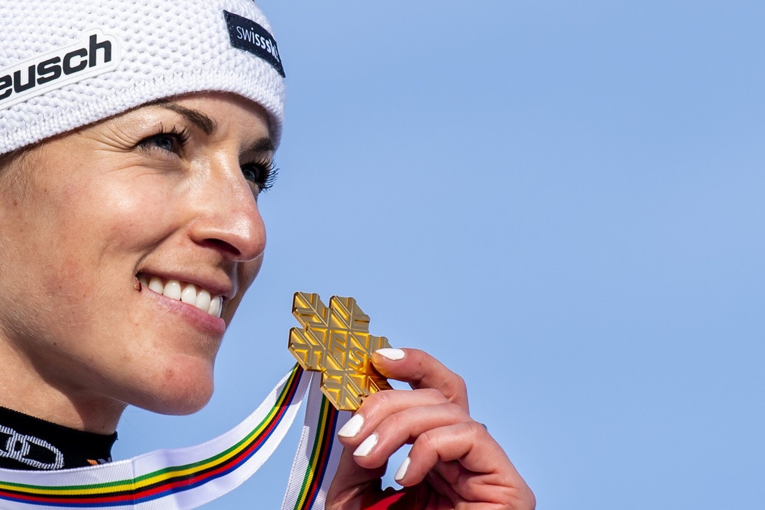 Lara Gut-Behrami of Switzerland celebrates the Gold medal during the medals ceremony of the women&#039;s Giant Slalom race at the 2021 FIS Alpine Skiing World Championships in Cortina d&#039;Ampezzo,  ...