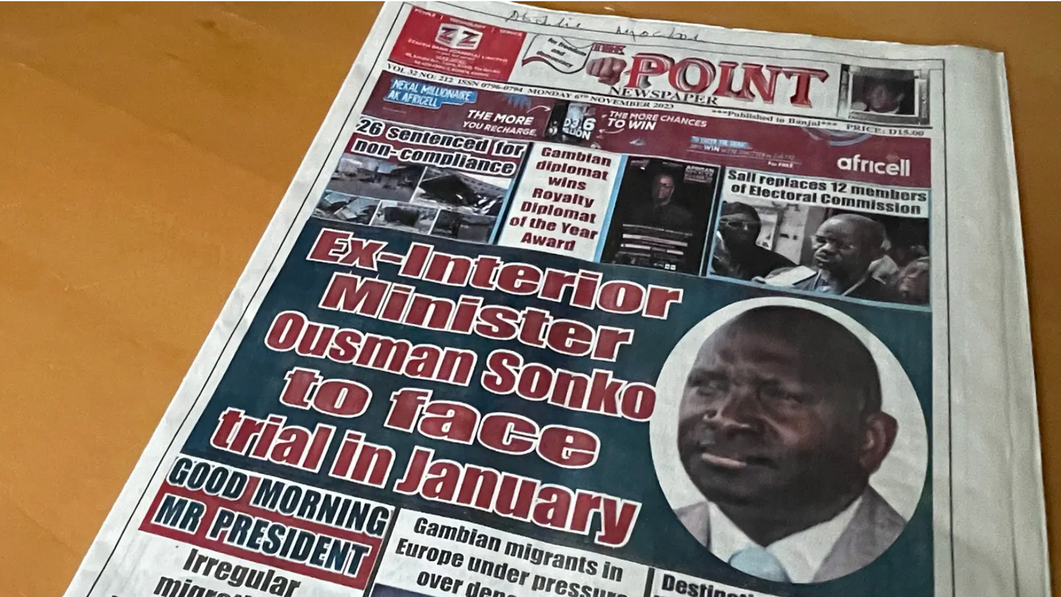 A Gambian newspaper announces the trial in Switzerland.