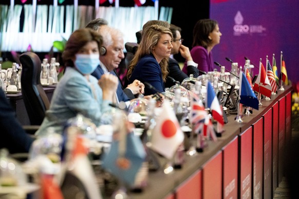 Canada&#039;s Foreign Minister Melanie Joy, center, participates in the opening session of the G-20 Foreign Ministers&#039; Summit in Nusa Dua on Indonesia&#039;s resort island of Bali Friday, July 8, ...