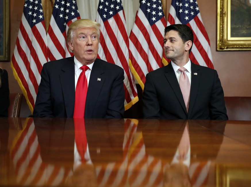 FILE - In this Nov. 10, 2016 file photo, President-elect Donald Trump and House Speaker Paul Ryan of Wis., pose for photographers after a meeting in the Speaker&#039;s office on Capitol Hill in Washin ...