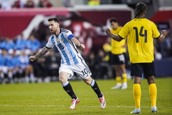 Argentina&#039;s player Lionel Messi celebrates his goal during the second half of an international friendly soccer match against Jamaica on Tuesday, Sept. 27, 2022, in Harrison, N.J. (AP Photo/Eduard ...