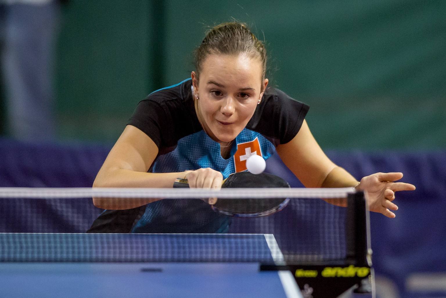 Switzerland&#039;s Celine Reust returns the ball to Klaudia Kusinska of Poland during the Women&#039;s Team Table Tennis European Championship 2017 Group E qualifying match between Poland and Switzerl ...