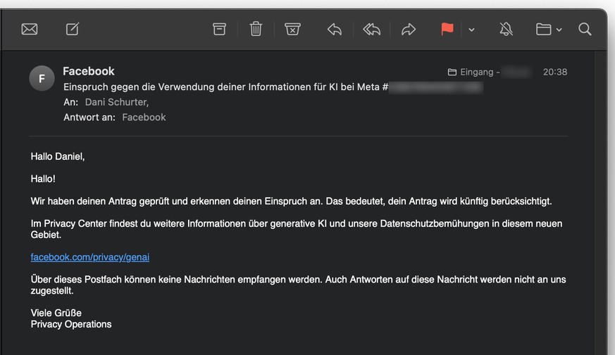 Bestätigungs-E-Mail des Meta-Konzerns zum KI-Widerspruchsrecht.