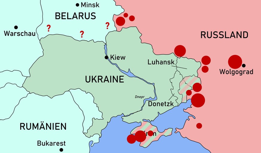 Die roten Punkte markieren rund um die Ukraine stationierte russische Truppen laut «BBC» und «New York Times». Über die Verbände in Belarus existieren aktuell keine genaueren Informationen. Je grösser der Punkt, desto zahlreicher die Truppen. 100'000 bis 130'000 russische Soldaten sollen aktuell nahe den ukrainischen Grenzen stationiert sein. 