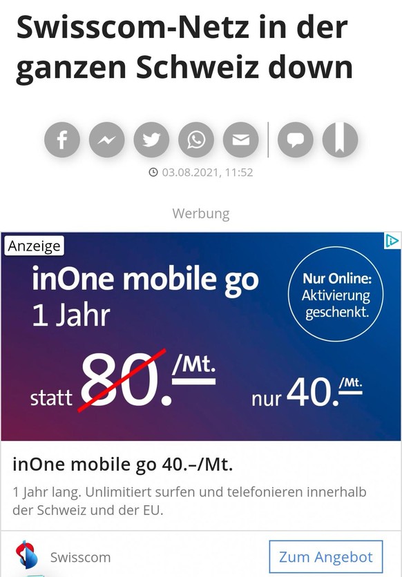 Swisscom-Netz in der ganzen Schweiz down\nFinde die Werbeplatzierung ausgezeichnet! ð¤£