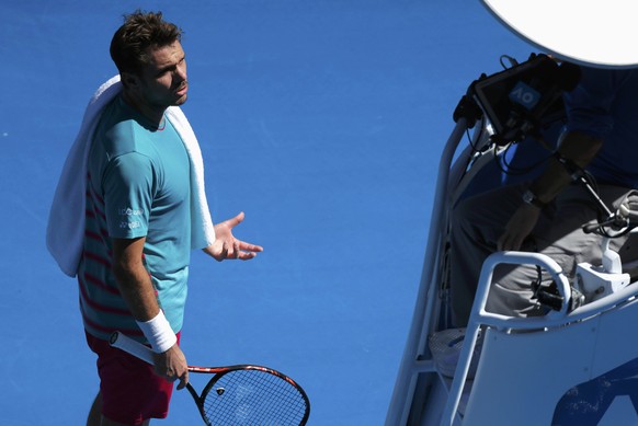 Tennis - Australian Open - Melbourne Park, Melbourne, Australia - 24/1/17 Switzerland&#039;s Stan Wawrinka talks to the umpire during his Men&#039;s singles quarter-final match against France&#039;s J ...