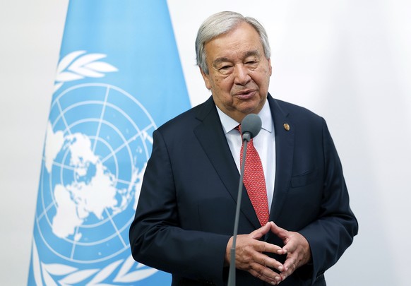 U.N. Secretary-General Antonio Guterres meets with IOC President Thomas Bach ahead of the opening ceremony of the 2024 Summer Olympics Olympic Games in Paris, France, Friday, July 26, 2024. (Wang Lili ...