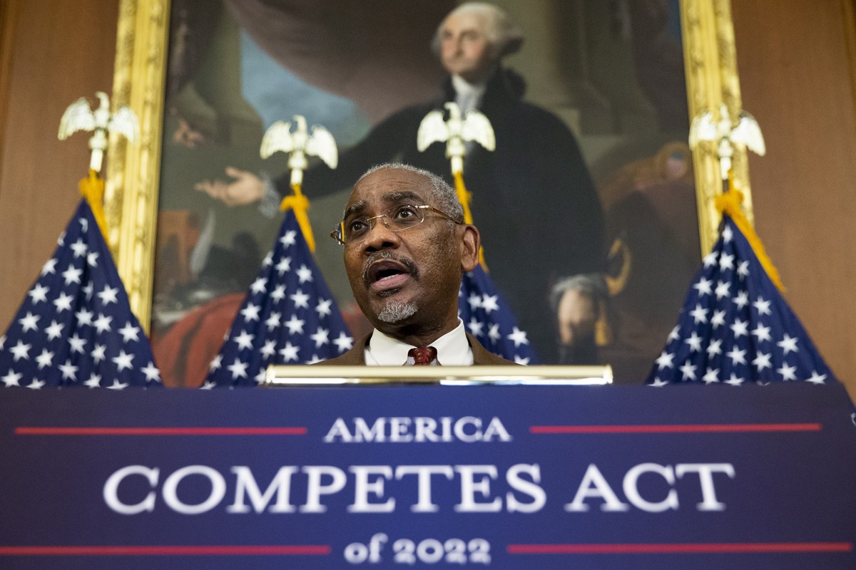 epa09728173 House Foreign Affairs Committee Chairman Gregory Meeks speaks during an event on the House of Representatives vote on the America Creating Opportunities for Manufacturing, Pre-Eminence in  ...
