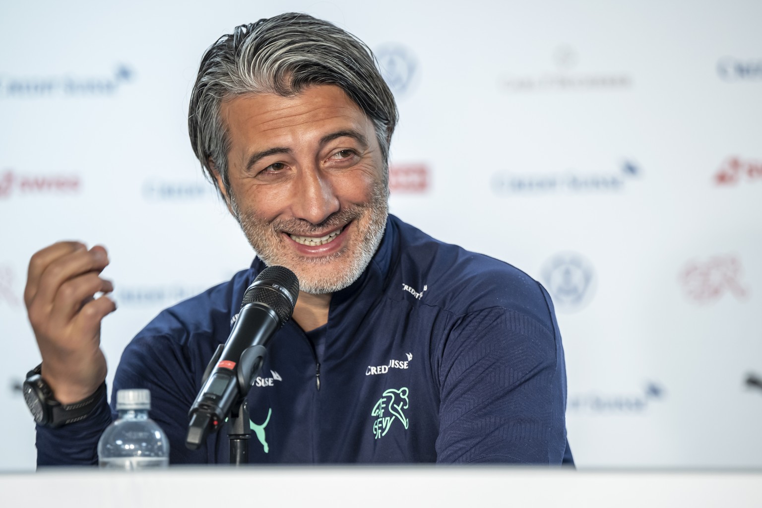 Switzerland&#039;s head coach Murat Yakin speaks during a press conference before a training session on the eve of the UEFA Nations League group A2 soccer match between Spain and Switzerland at the St ...